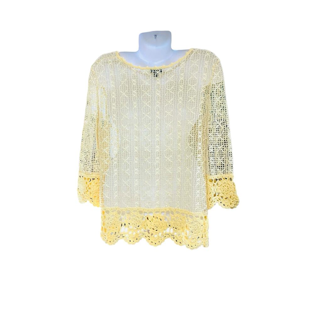 Lisa International Women's Canary Yellow 3/4 Sleeve Crochet Sweater | Size Large - Picture 4 of 9